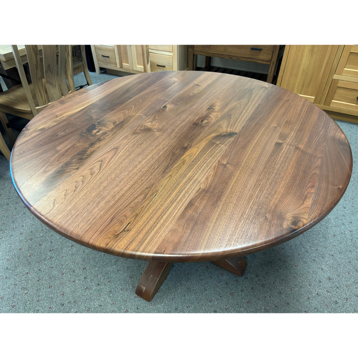 Amish Richfield Single Pedestal Dining Set In-Stock - Walnut Wood - Fabric Seat Easton Dining Chairs - Contemporary Walnut Amish Dining Set 5