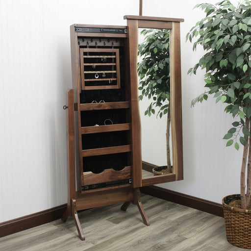 Amish River Run Jewelry Cheval Mirror
- Sliding Mirror (Slides To The Right Standard)
- Hinged Earring Door
- 11 Hook Necklace Board
- 1st Shelf: 3 Ring Slots
- 2nd Shelf: 3 Dividers
- 3rd Shelf: 4 Dividers
- Bottom Shelf: 1 Divider