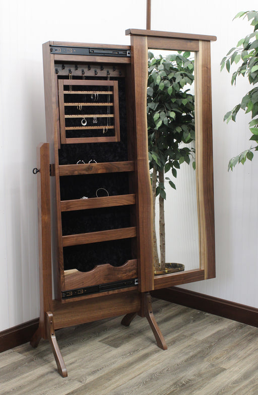 Amish River Run Jewelry Cheval Mirror
- Sliding Mirror (Slides To The Right Standard)
- Hinged Earring Door
- 11 Hook Necklace Board
- 1st Shelf: 3 Ring Slots
- 2nd Shelf: 3 Dividers
- 3rd Shelf: 4 Dividers
- Bottom Shelf: 1 Divider