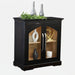 A black wooden side cabinet with two glass-front doors, styled with decorative vases and greenery on top, shown against a plain white background.