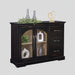 A dark wood sideboard cabinet with two glass-front doors and three drawers, styled with decorative vases, greenery, and a gold heart sculpture on a white background.