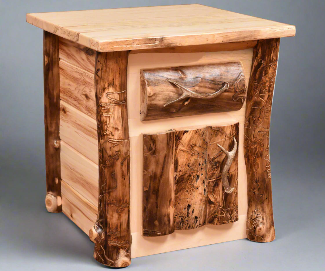 Amish Rocky Mountain 1 Drawer 1 Door Nightstand Aspen Log with Elk Horn Hardware