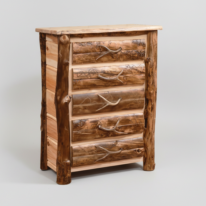 Aspen Log dresser with antler handles on a cabin style background 