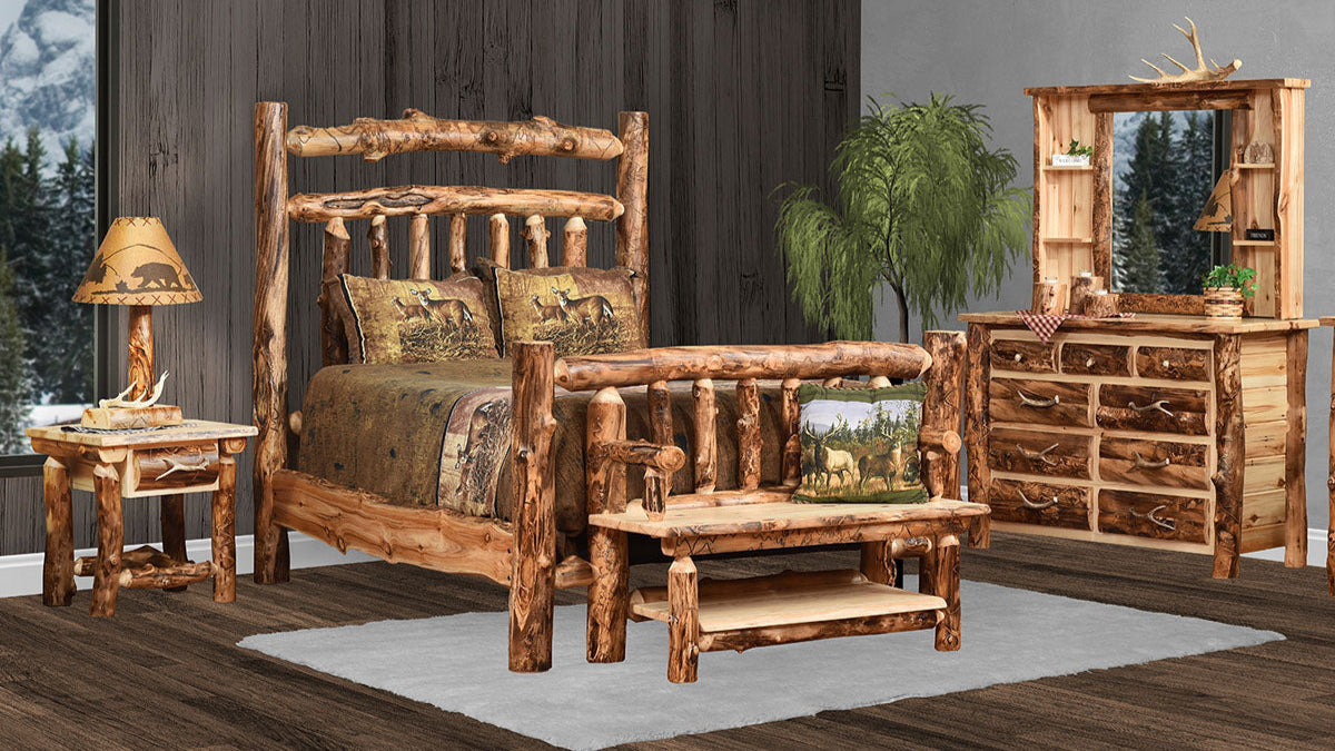 Amish Rocky Mountain Aspen Log Bedroom Log Cabin Bedroom Set Quad M Rustics - Aspen Log Bed, Aspen Log Nightstand, Aspen Log Drawers, Aspen Log Storage Mirror ad Aspen Log Bench