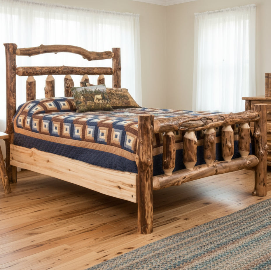Amish Rocky Mountain Aspen Log Extra Top Rail Bed Rustic Log Cabin Bed