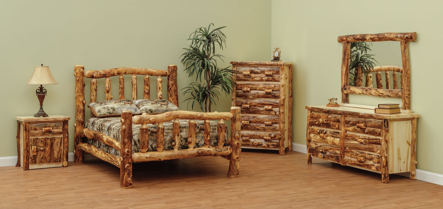 Amish Rocky Mountain Log Bedroom Set 5-Pc. - Colorado Aspen Log - Live Edge - Set Photo