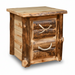 Aspen Log Wooden side table with two drawers featuring antler handles on a white background Cabin Style Nightstand