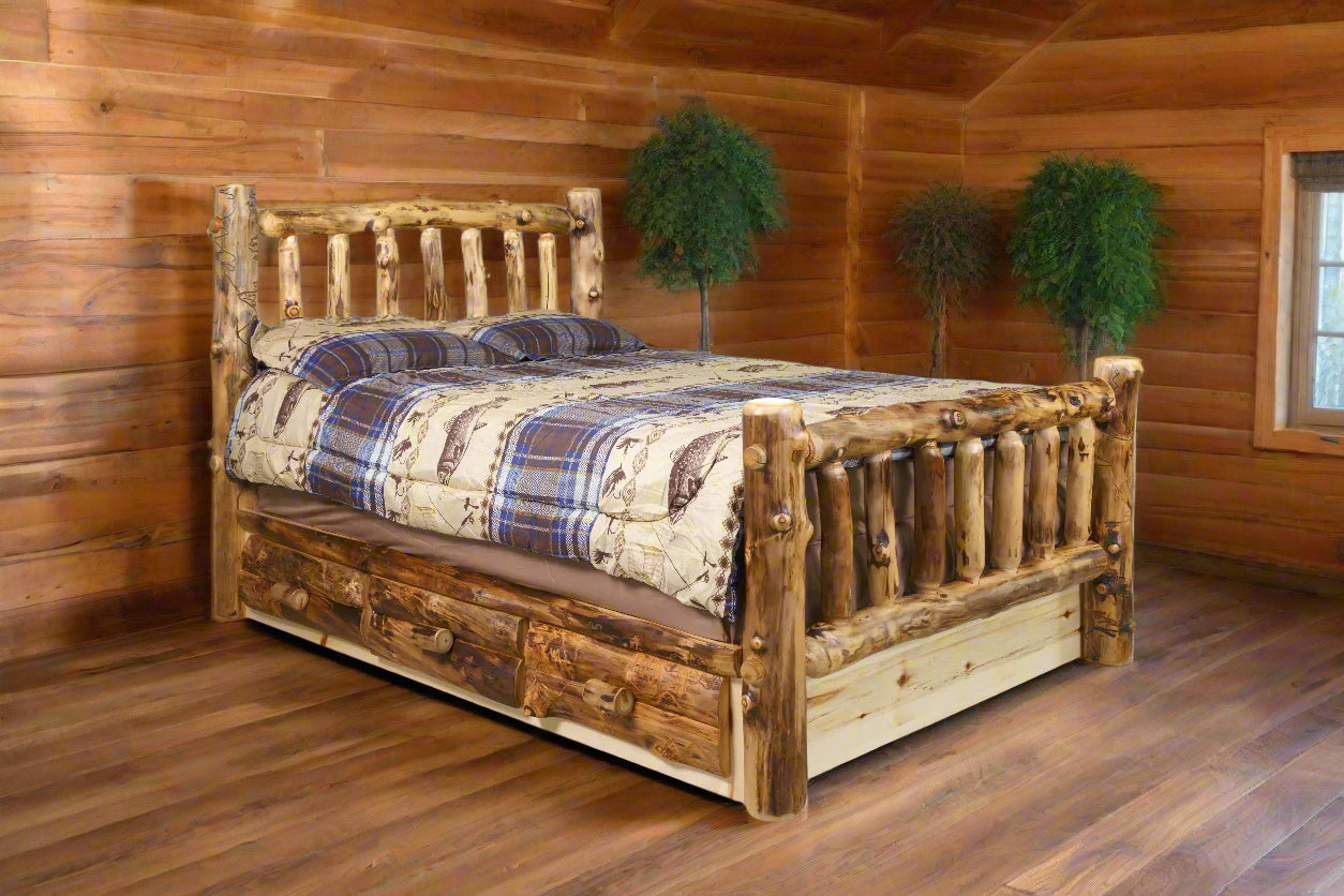 Amish Rocky Mountain Storage Bed- Colorado Aspen Log - 6-Drawer Bed - Platform Bed