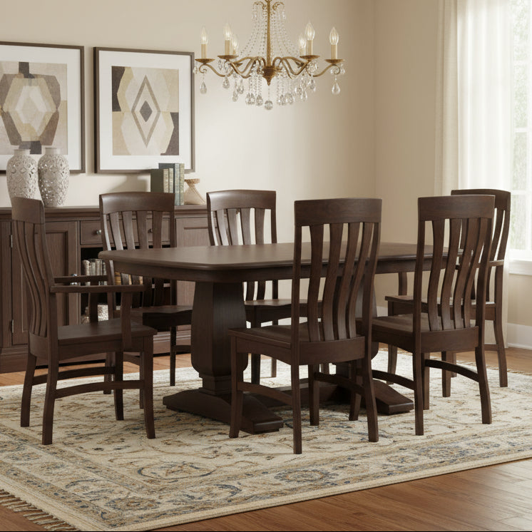 Amish Roland Dining Set - Roland Dining Chairs - Formal Double Pedestal Table - Sap Cherry OCS-228 Rich Tobacco