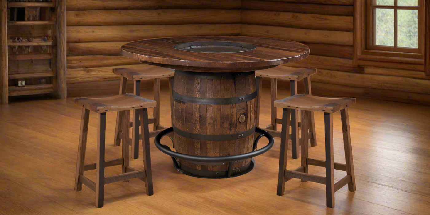 Amish Round Barrel Table With Urban Bar Stools Pub Dining Sets Reclaimed Barnwood