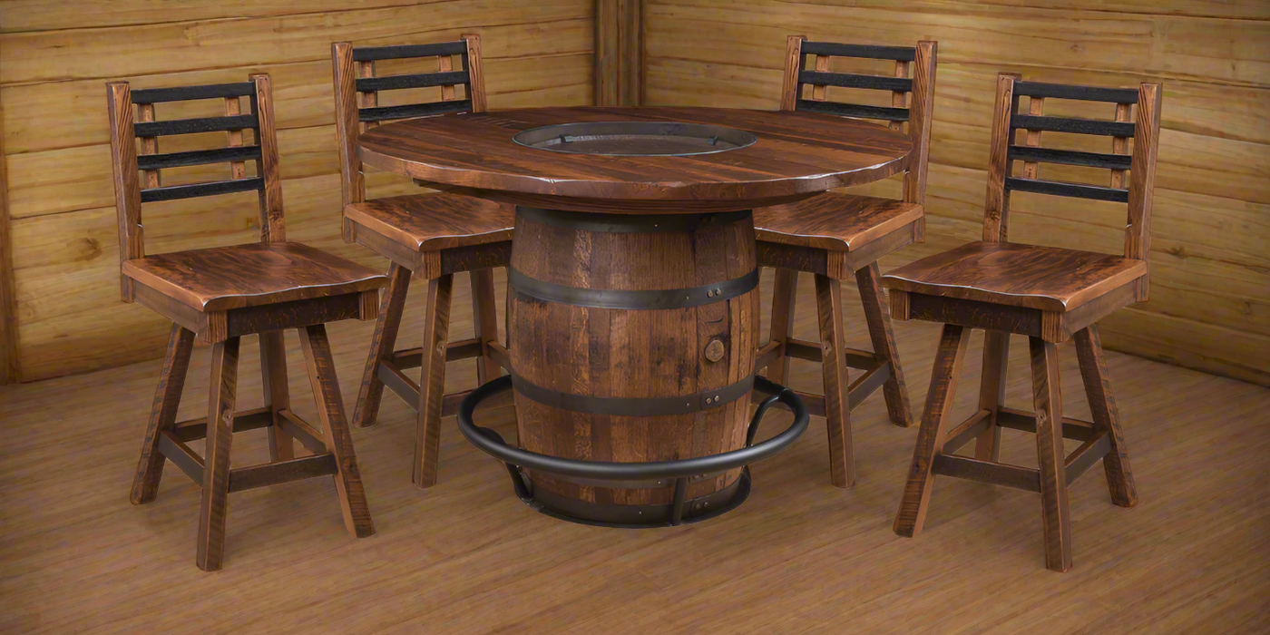 Amish Round Barrel Table With Swivel Barrel Bar Stools Pub Dining Sets Reclaimed Barnwood