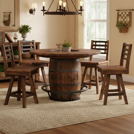 Amish Round Barrel Table With Swivel Barrel Bar Stools Pub Dining Sets Reclaimed Barnwood