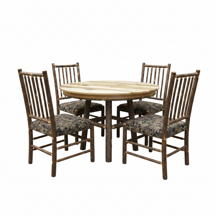 Amish Round Hickory Log Dining Set with Mission Stick Back Upholstered Seat Chairs