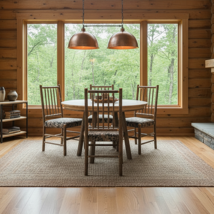 Amish Round Hickory Log Table with Mission Upholstered Seat Chairs (Multiple Sizes)