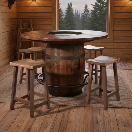 Amish Round Whiskey Barrel Pub Set - 4 Reclaimed Barnwood Barstools - Reclaimed Barnwood Top - Genuine Whiskey Barrel Table