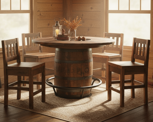 Amish Round Whiskey Barrel Table - Reclaimed Barnwood Barstools - Genuine Reclaimed Whiskey Barrel Table and Barnwood Chairs