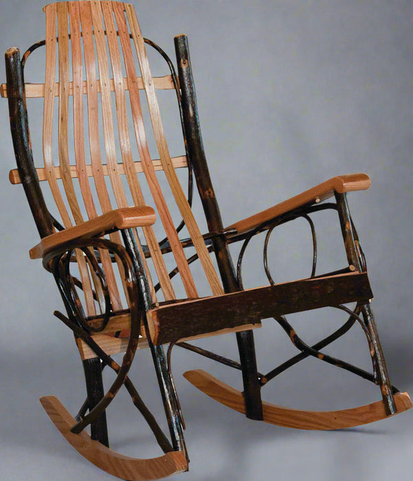 Amish Rustic Hickory Jumbo Rocker with Flat Arms Bark on Front of Rocker Rustic Log Cabin Rocking Chair