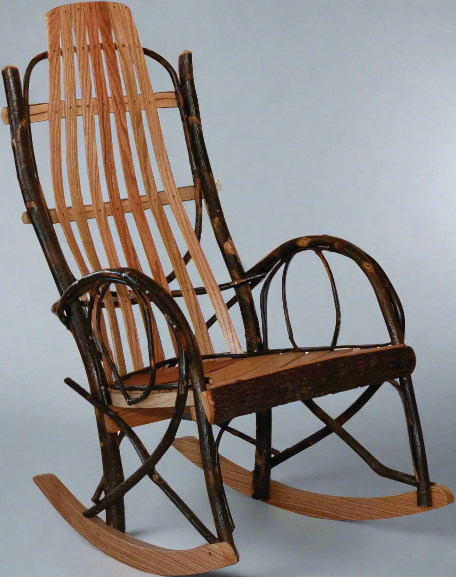 Amish Curved Arm Hickory Rocker with Bark Front — Our Family Craft Shop