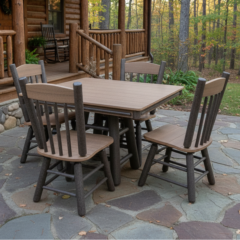 Amish Rustic Poly Log 44" Square Dining Set With 4 Spindle Back Dining Chairs -Antique Mahogany on Brown - Tangent Poly - 20 Year Warranty- Set Photo