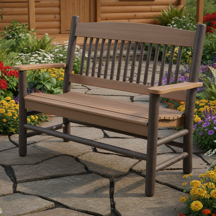 Amish Rustic Poly Log 4' Park Bench - Antique Mahogany on Brown - 20 Year Warranty - Tangent Poly - Real Photo