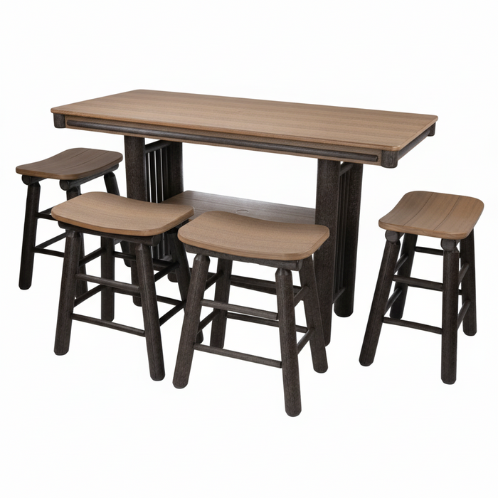 Amish Rustic Poly Log Breakfast Bar Table With 4 Saddle Bar Stools - Antique Mahogany on Brown - Tangent Poly - 20 Year Warranty - Set Photo Blank Backgorund