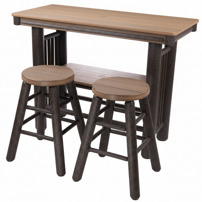 Amish Rustic Poly Log Breakfast Bar With 2 Round Barstools - Counter or Bar Height - Antique Mahogany on Brown - 20 Year Warranty - Set Photo - Blank Background