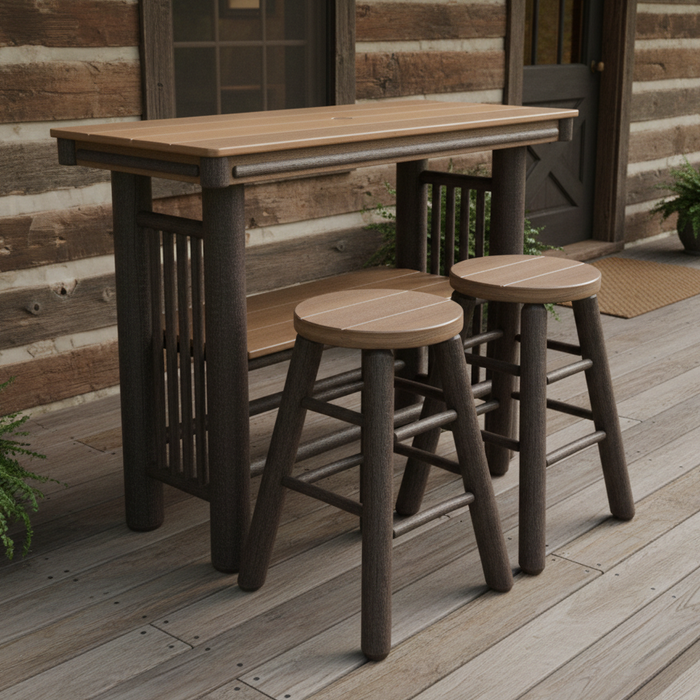 Amish Rustic Poly Log Breakfast Bar With 2 Round Barstools - Counter or Bar Height - Antique Mahogany on Brown - 20 Year Warranty - Set Photo