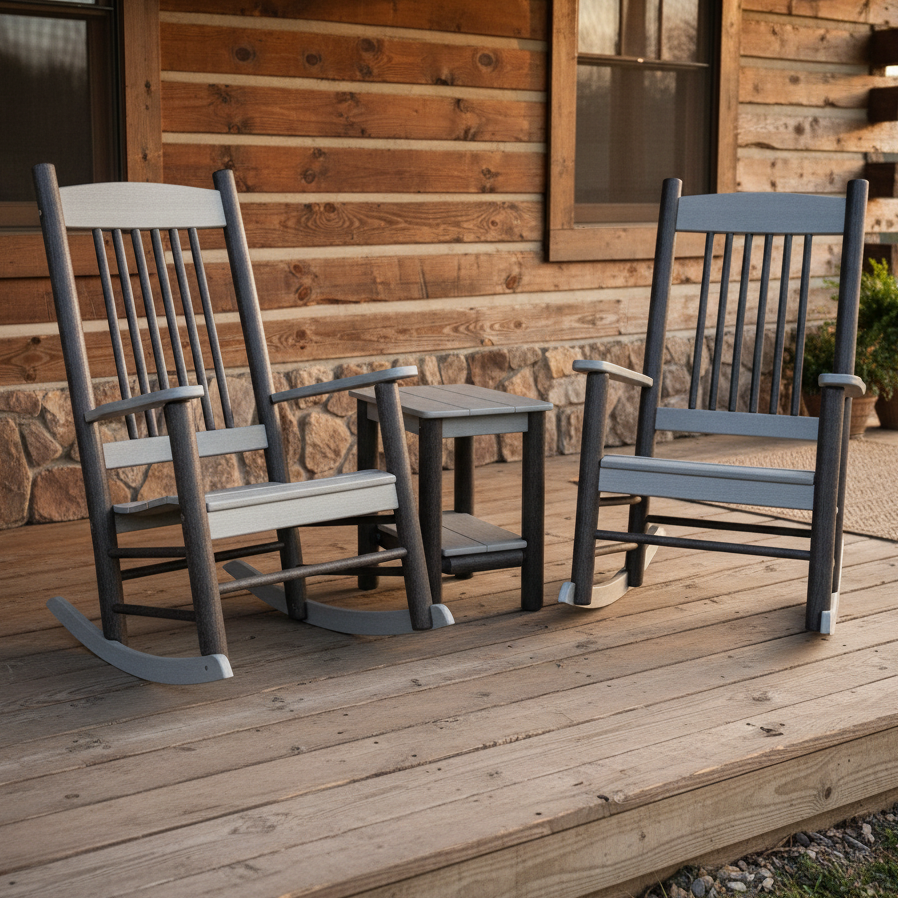Amish Rustic Poly Log Rocker Set With End Table - Tangent Poly - Driftwood Gray