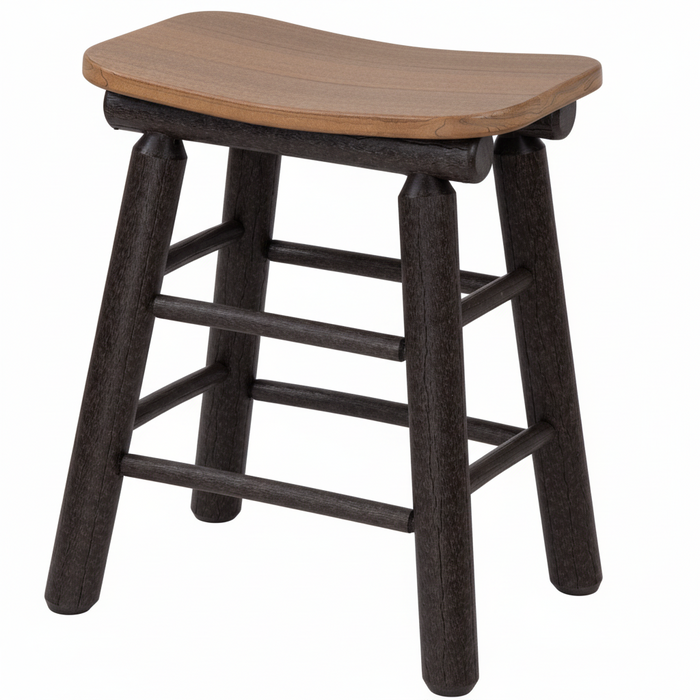Amish Rustic Poly Log Saddle Barstool 24"H - Antique Mahogany on Brown - Tangent Poly - 20 Year Warranty - White Background