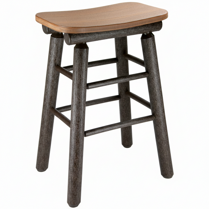 Amish Rustic Poly Log Saddle Barstool 30"H - Antique Mahogany on Brown - Tangent Poly - 20 Year Warranty - White Background
