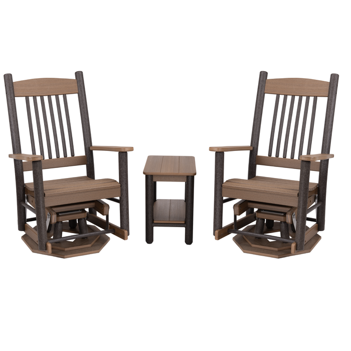 Amish Rustic Poly Log Swivel Glider Set With End Table - Tangent Poly - Antique Mahogany - Poly Cabin Outdoor Furniture - Blank Photo