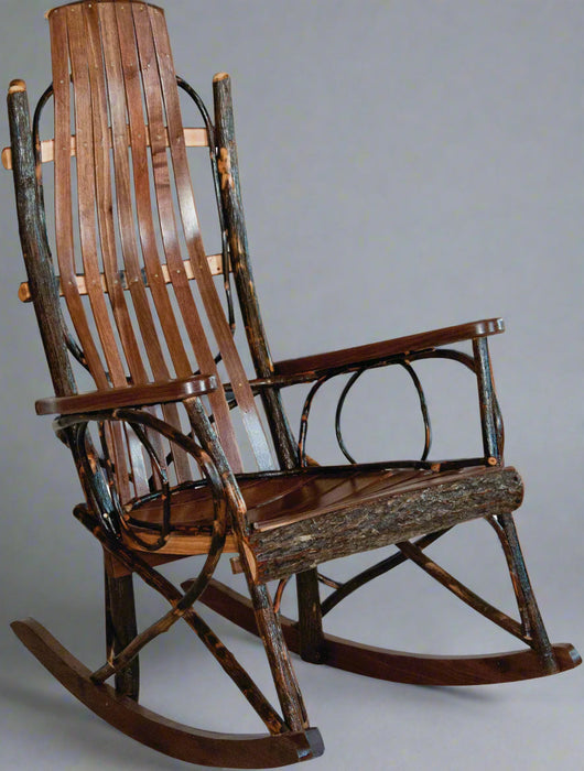 Amish Rustic Walnut Rocking Chair with Bark on Front Walnut Log Cabin Rocker