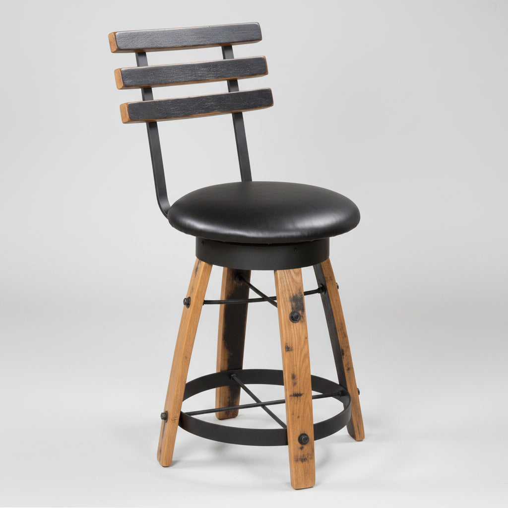 Rustic Whiskey Barrel Bat Stool with Swivel Seat Black or Brown Leather Seat Amish Made Front Facing