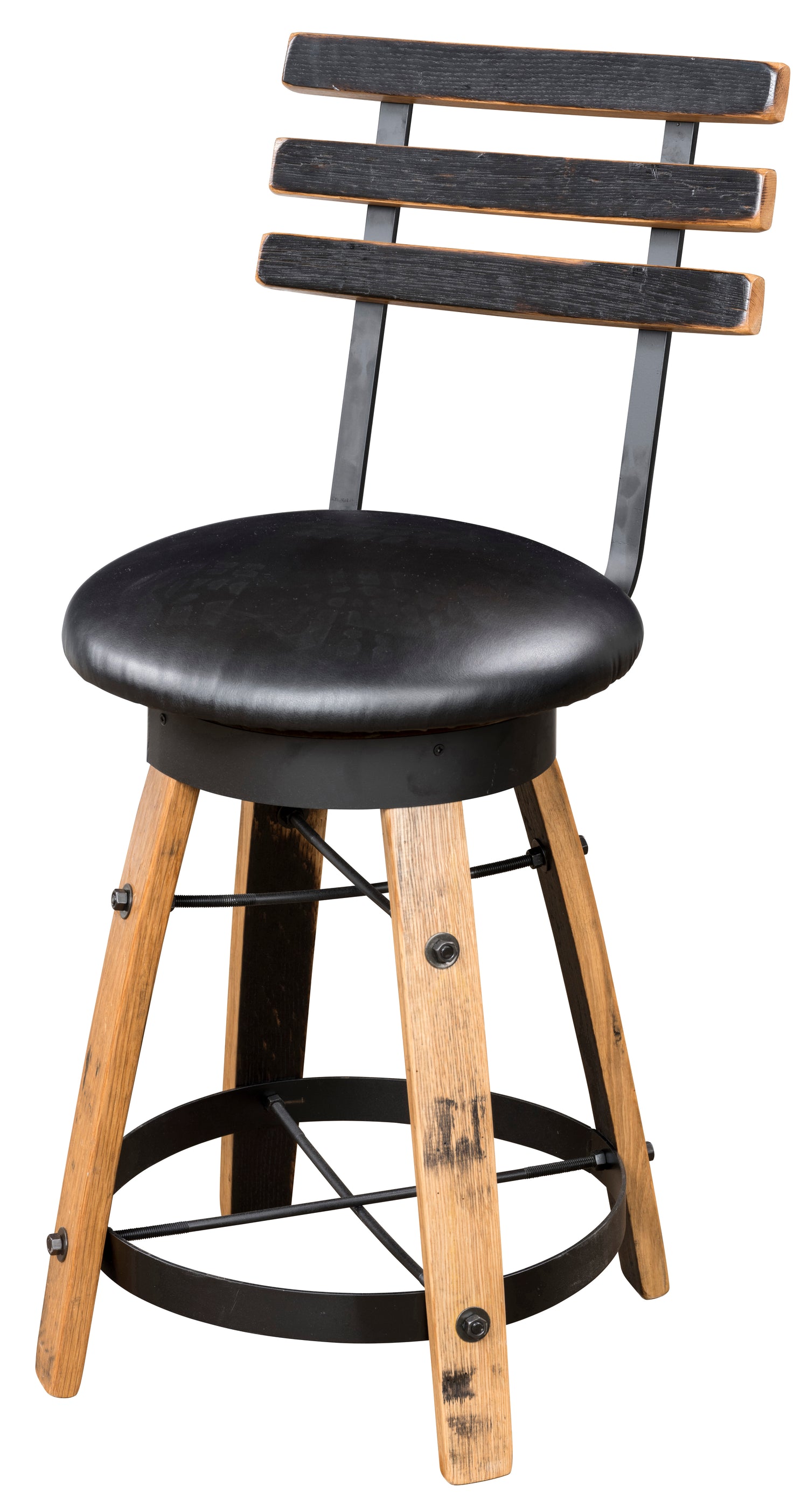 Rustic Whiskey Barrel Bat Stool with Swivel Seat Black or Brown Leather Seat Amish Made Front Facing