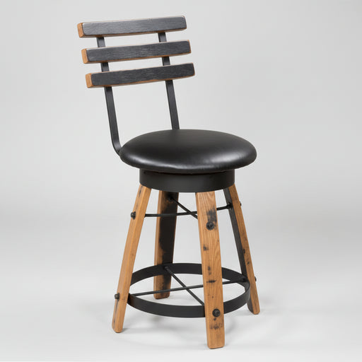 Rustic Whiskey Barrel Bat Stool with Swivel Seat Black or Brown Leather Seat Amish Made Front Facing