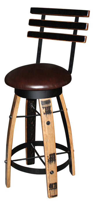 Whiskey Barrel Bar Stool with Swivel Cushioned Seat Stave Back Amish Made Front Facing