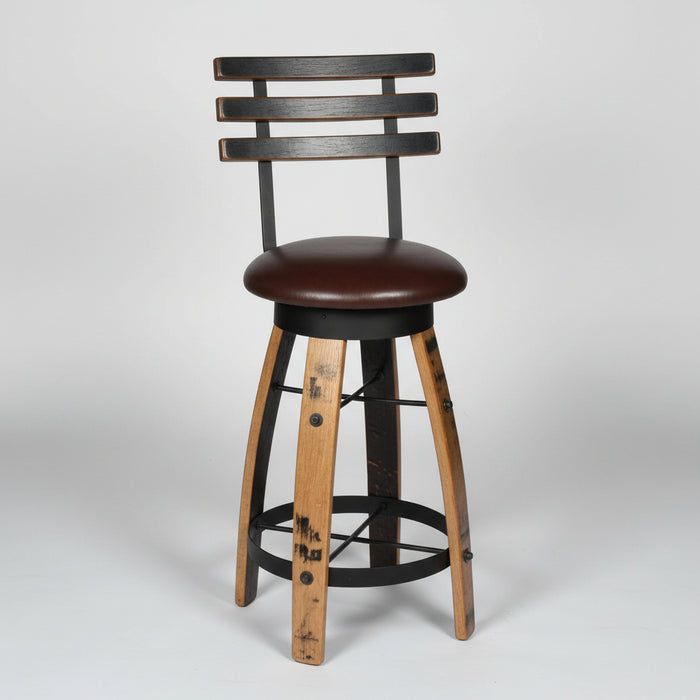 Whiskey Barrel Bar Stool with Swivel Cushioned Seat Stave Back Amish Made Front Facing
