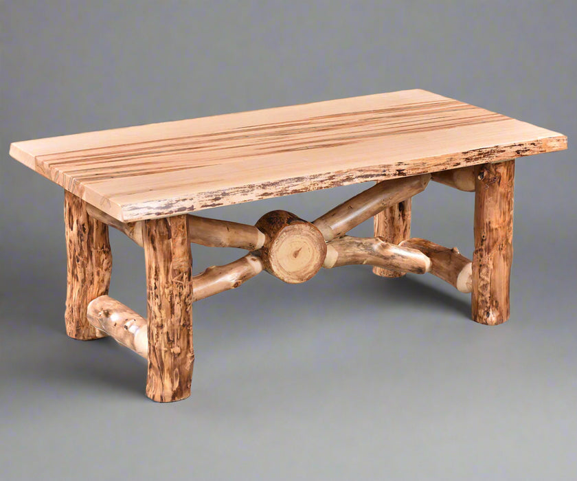 Amish Rustic X Aspen Log Coffee Table with Wormy Maple Live Edge Top