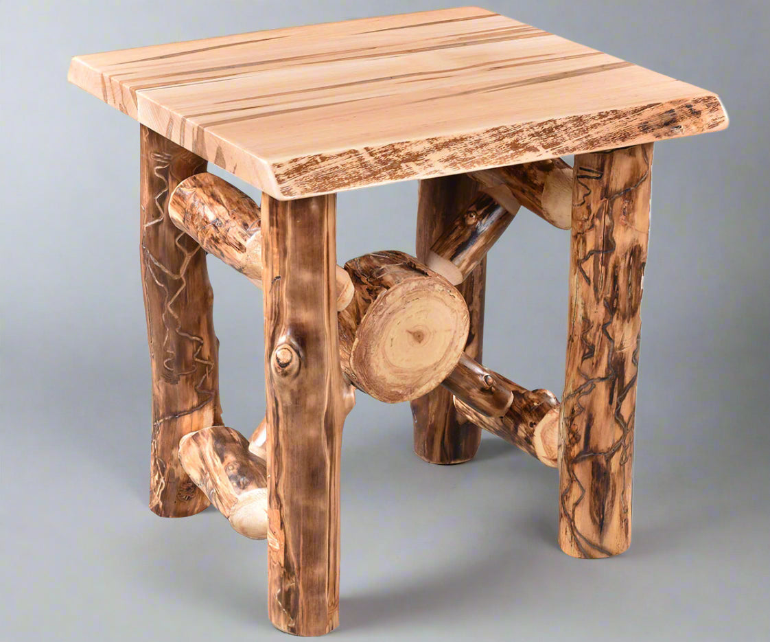 Amish Rustic X Aspen Log End Table with Wormy Maple Live Edge Top
