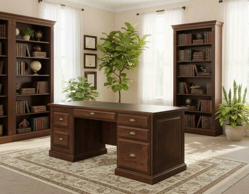 Amish Salt Creek Executive Desk
Standard Hardware: K806-AE
Raised Panel Back and Sides
Writing Boards Left and Right
Pull out Printer Shelf
Pull out Keyboard on Center Shelf
File Drawer Right