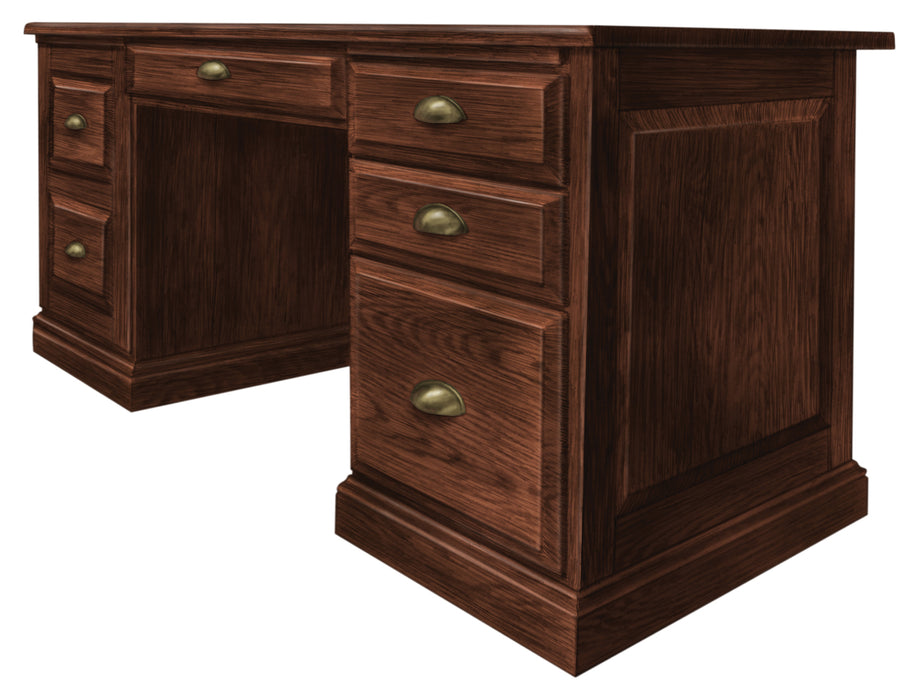 Amish Salt Creek Executive Desk
Standard Hardware: K806-AE
Raised Panel Back and Sides
Writing Boards Left and Right
Pull out Printer Shelf
Pull out Keyboard on Center Shelf
File Drawer Right