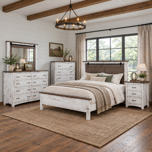 Amish Sandusky Rough Sawn Farmhouse White Bedroom Set - Farmhouse Bedroom - Rough Sawn Bedroom - Painted White Bedroom - Solid Brown Maple Bedroom - In-Bedroom Photo