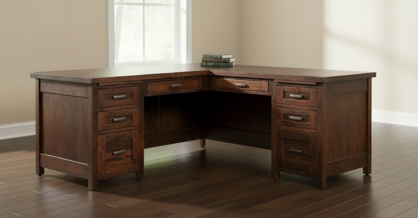 Amish Santa Fe L Desk
Left Wall - 68"W x 30"D x 30.5"H
Right Wall - 73"W x 25"D x 31"H