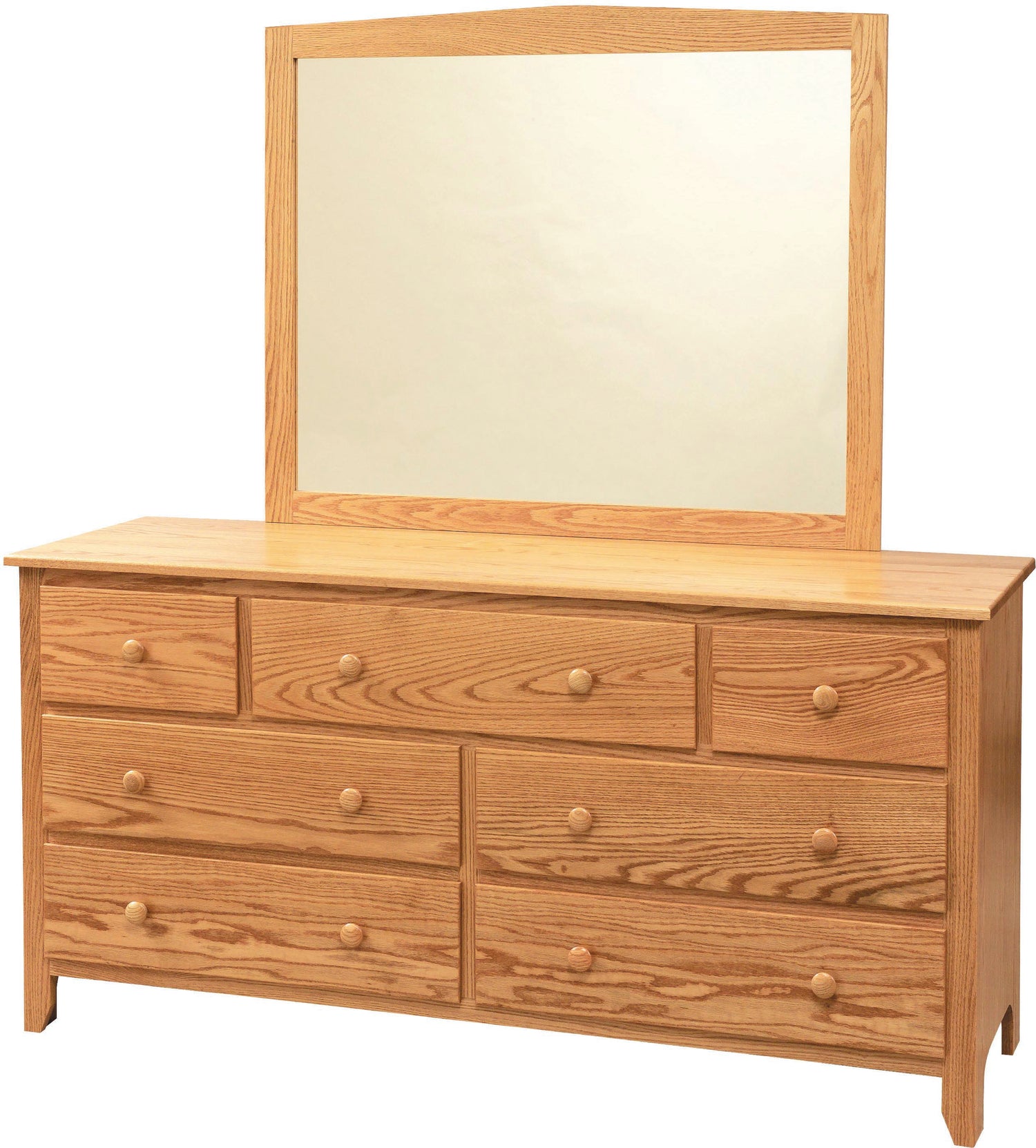Amish Scenic Shaker7-Drawer Dresser & Mirror- J&M Woodworking - Solid Wood Amish Bedroom Furniture - Golden Oak Shaker Bedroom 