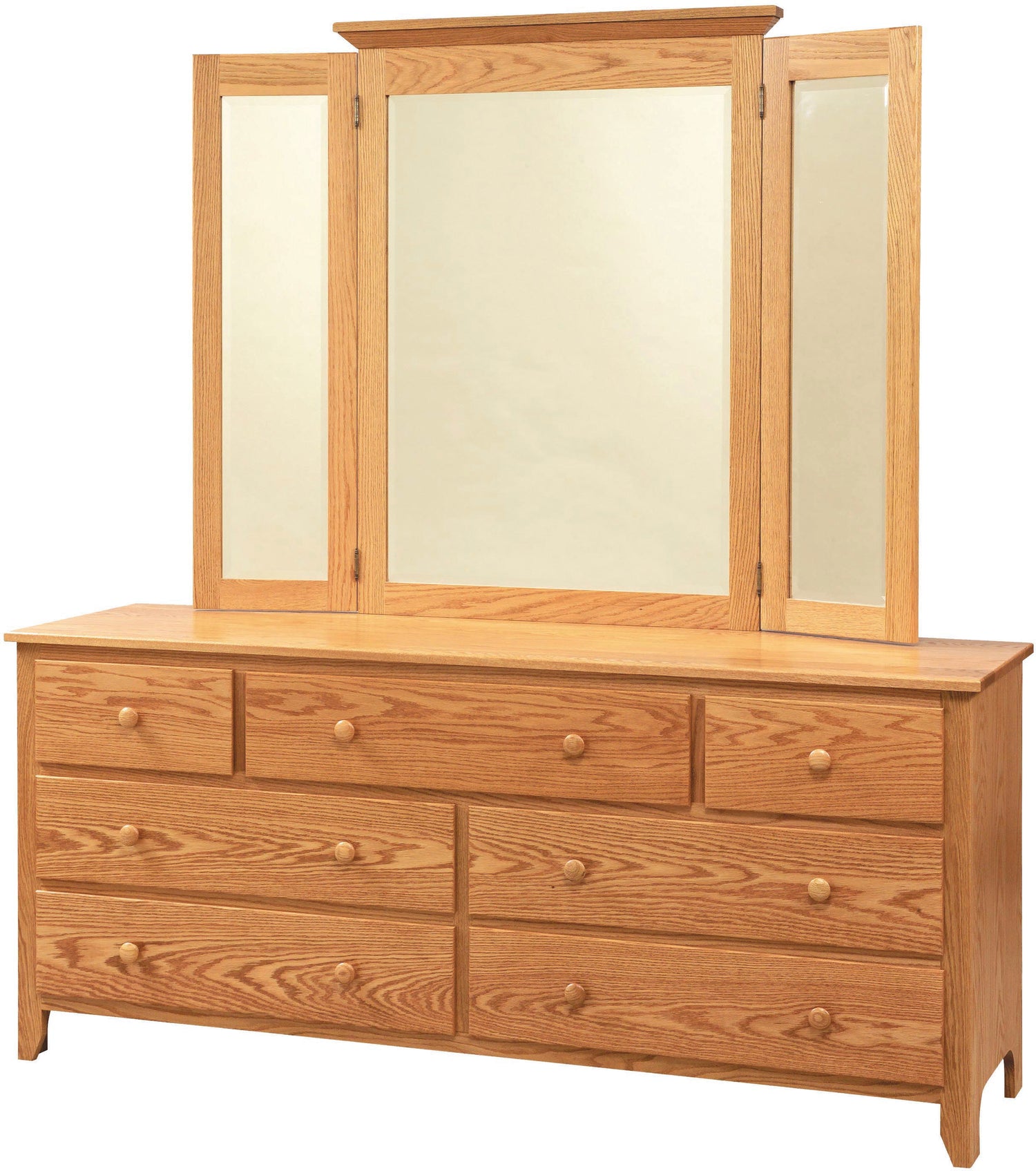 Amish Scenic Shaker Long Dresser & Tri-Fold Mirror1 4c 11- J&M Woodworking - Solid Wood Amish Bedroom Furniture - Golden Oak Shaker Bedroom