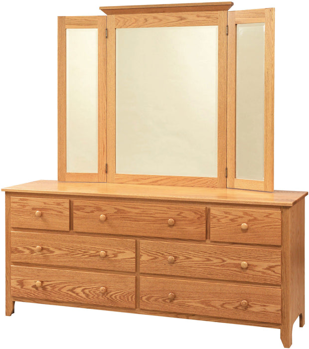 Amish Scenic Shaker Long Dresser & Tri-Fold Mirror1 4c 11- J&M Woodworking - Solid Wood Amish Bedroom Furniture - Golden Oak Shaker Bedroom