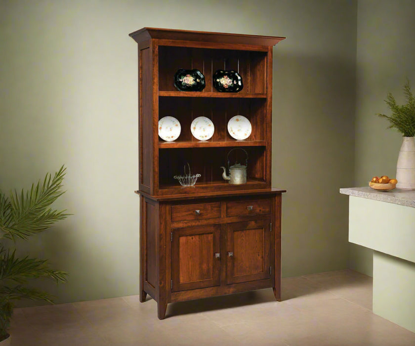 Amish Settlers Ridge 2-Door Hutch
Hardware: P3015 OBH Knobs
Shiplap Back
(2) Adjustable Wood Shelf in Top
(1) Adjustable Wood Shelf in Base.