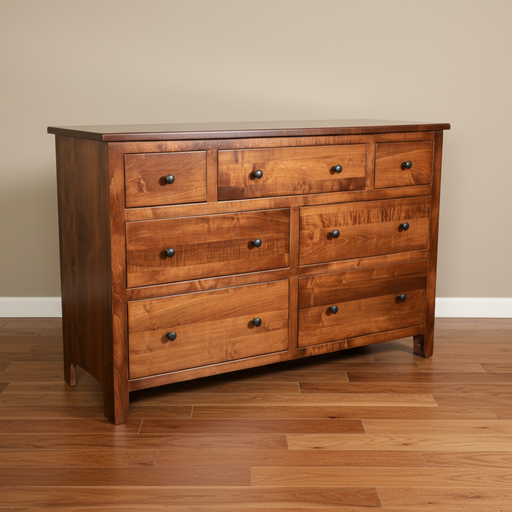Wooden dresser with multiple drawers on a white background