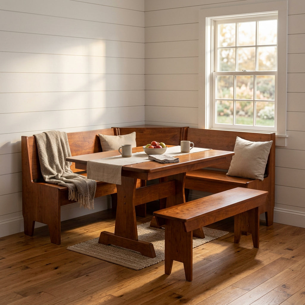 A wooden corner booth table set with a rectangular table, two backrests, and two benches, shown on a clean white background.