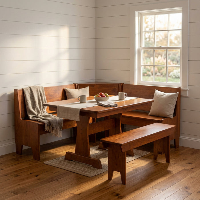 A wooden corner booth table set with a rectangular table, two backrests, and two benches, shown on a clean white background.